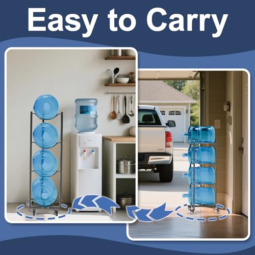 XXSJ 5 Gallon Water Jug Holder with 4 Wheels 4 Tier Steel 5 Gal Water Bottle Storage Rack Stand for Home Kitchen Office Gym Garage - Image 3