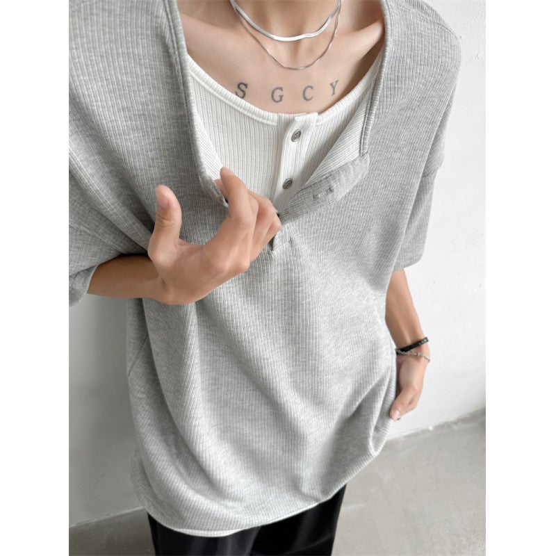 Gray Fake Two-Piece Long-Sleeved Henry Collar T-Shirt For Boys In Autum, Waffle Sweatshirt, Korean Style Inner Layering Shirt - Image 1