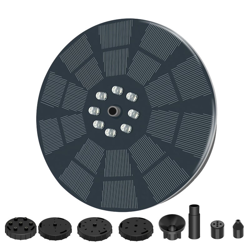 Solar Fountain Pump: 3W Solar Panel, 1600mAh Battery, 7 Spray Patterns - No Manual Or Tools Required, Watertight Build, Multicolored LEDs for Bird Baths, Ponds, Gardens, Outdoor Spaces - Image 1