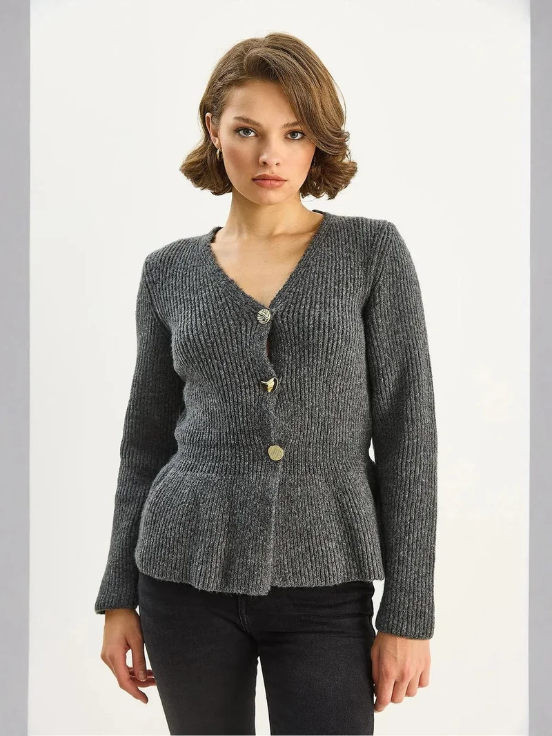 Bianco Lucci LUCCI Ribbed Long Sleeve V-Neck Cardigan with Buttons