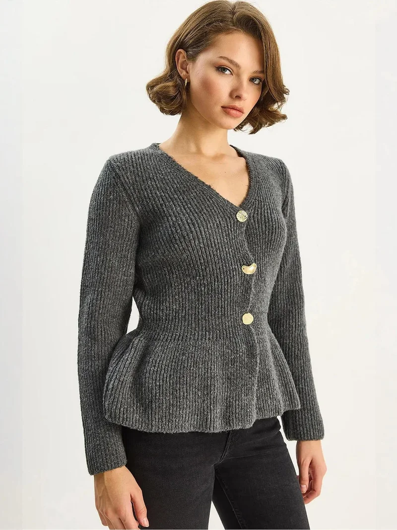Bianco Lucci LUCCI Ribbed Long Sleeve V-Neck Cardigan with Buttons