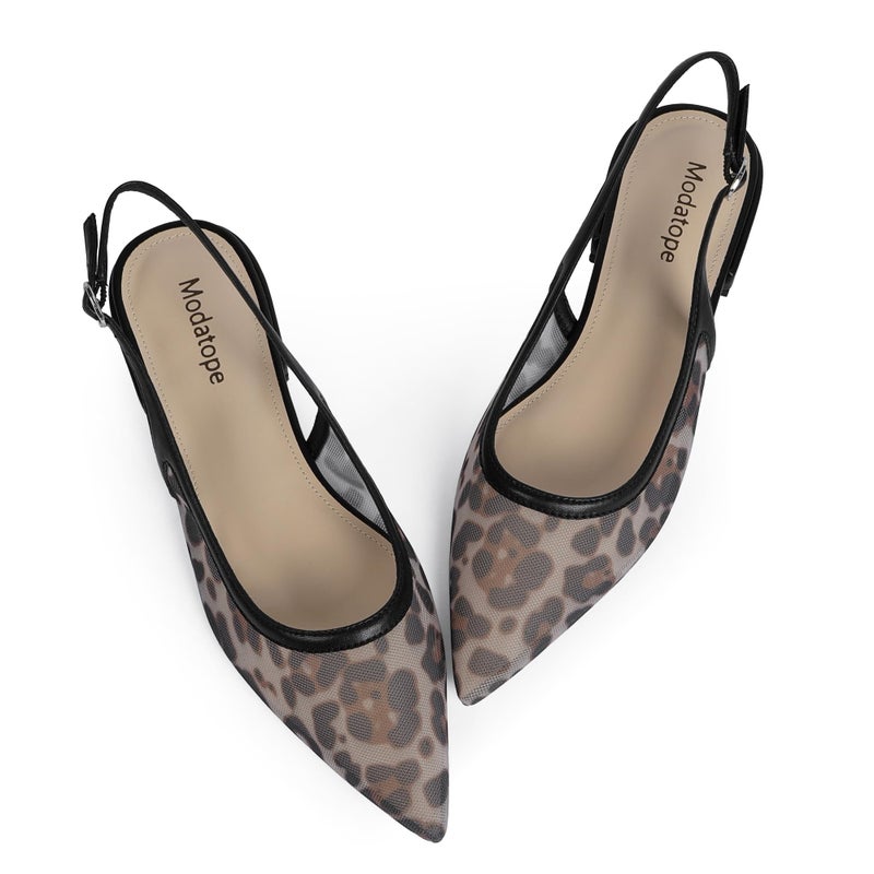 Modatope Leopard Mesh Slingback Flats for Women Classic 2025 Ballet Flats Pointed Toe Low Heel Sandals Shoes Size 8 - Image 1
