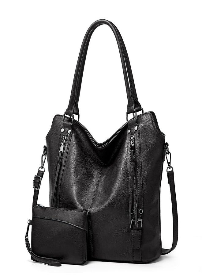 Pahajim Womens PU Leather Purses 2Pcs Set Large Work Tote Handbag with wallet for Ladies Designer oversize Sholder Bag (black) - Image 1