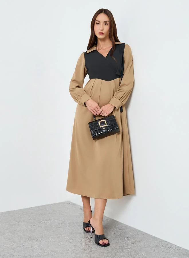 Take Two Women Contrast Panel Open Collar Midi Dress