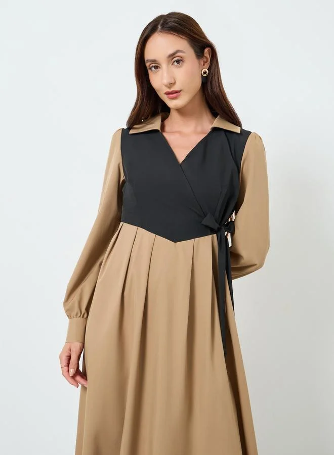 Take Two Women Contrast Panel Open Collar Midi Dress