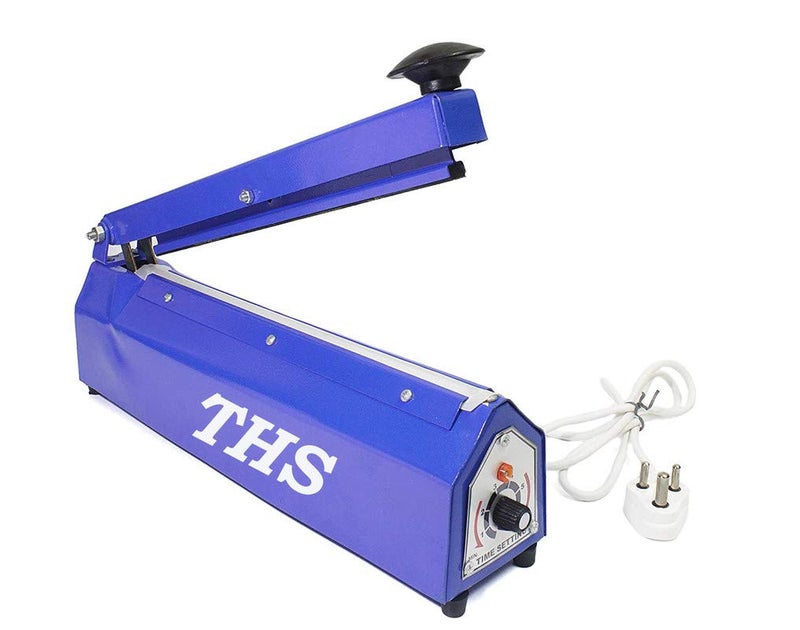 THS THS 8inch Sealing Machine Made in India Table Top Impulse Blue Heat Sealer Metal Body Machine with Time Adjustment Feature for Plastic Pouch Packing Polybag Packing 