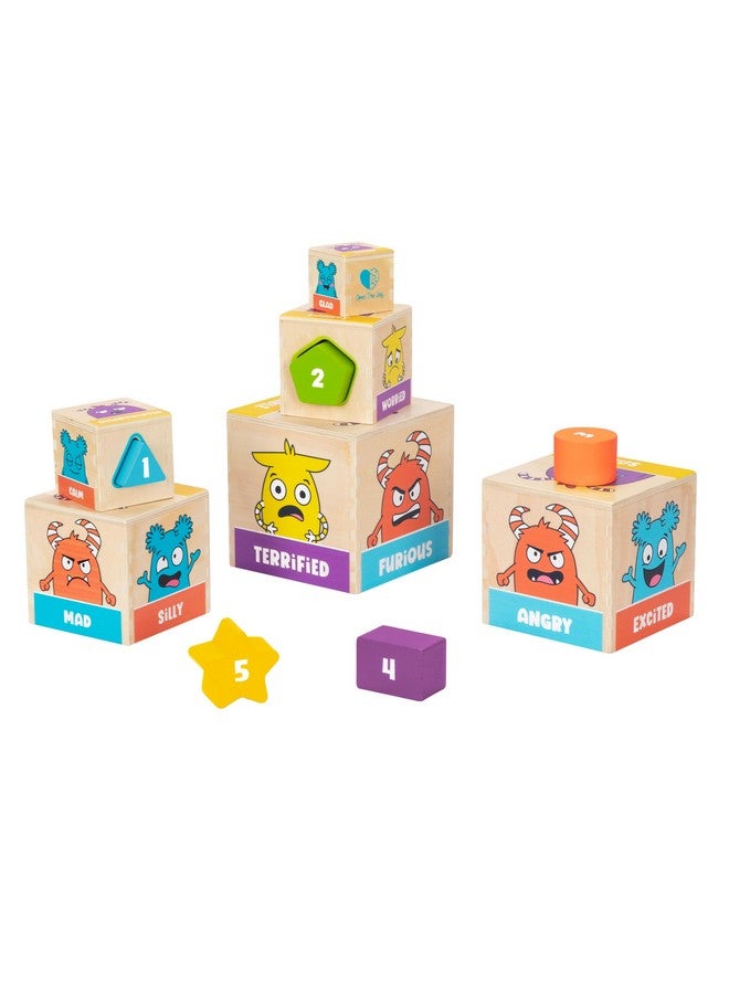 Open The Joy Wooden Tower of Emotions - Stacking Emotional Learning Toy for Toddlers | 5 Emotion Face Blocks + 5 Shape Sorting Blocks | Montessori Toy for Early Development | Ages 12 Months+ - Image 1