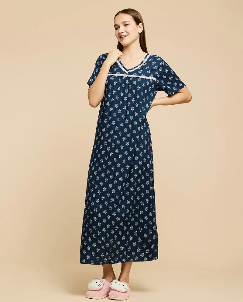 R&B Printed Nightdress with V-Neck and Short Sleeves