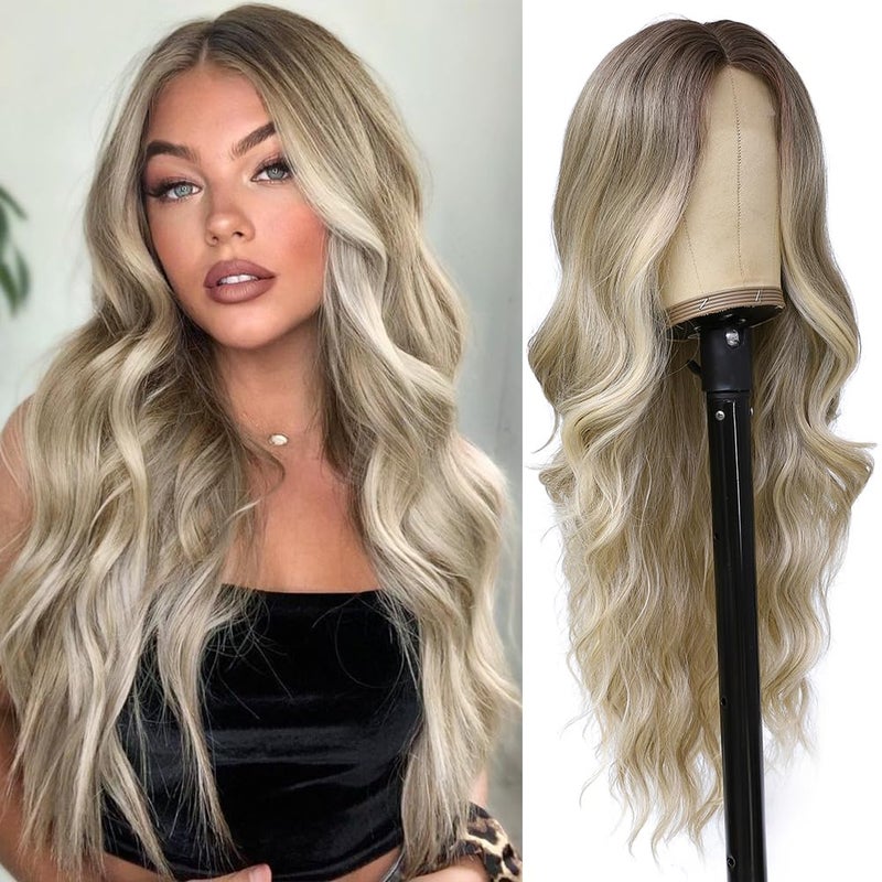 Colorful Queen Colorful Quen 26 Inch Long Ash Blonde Wig for Women Ombre Blonde Highlight Wigs Middle Part Synthetic Lace Wig for Daily Cosplay Party Use