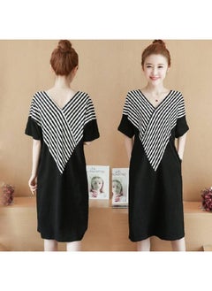 Summer New Chubby Girl Plus Size Women's Short-sleeved V-neck T-shirt Top Casual Mid-length Striped Dress