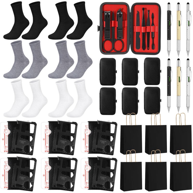 Leriton 6 Sets Baby Shower Game Prizes for Men Include Black Kraft Paper Gift Bags Manicure Kit Tools Socks Pens 11-in-1 Survival Card Tool for Men Husband Father(Black,White,Gray) - Image 1