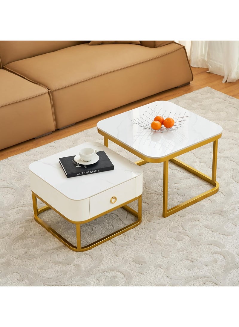 DubaiGallery Coffee Table Set of 2 Coffee Tables - Elegant Stacking Sofa Side Table, Marble Texture & Metal Nesting End Tables for Living Room, Bedroom, Balcony - Round Stackable Design - Image 3