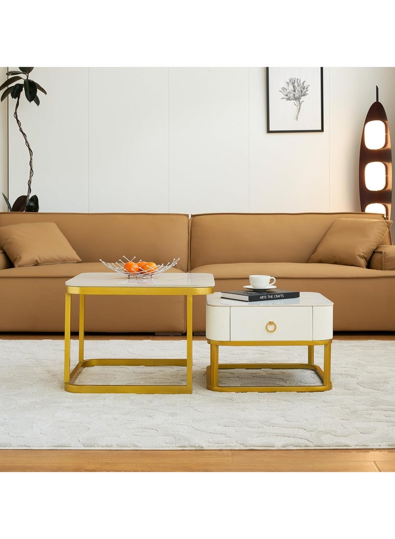 DubaiGallery Coffee Table Set of 2 Coffee Tables - Elegant Stacking Sofa Side Table, Marble Texture & Metal Nesting End Tables for Living Room, Bedroom, Balcony - Round Stackable Design - Image 4
