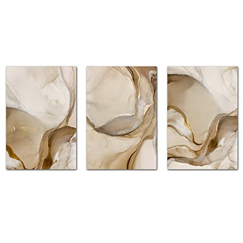 Ecyanlv فن الجدران الحديث من قماش الرخام المجرد باللونين البني والذهبي 16x24inchX3 بدون إطار - Image 2