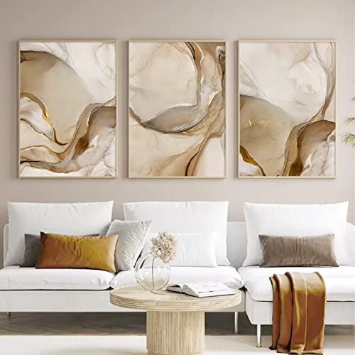 Ecyanlv فن الجدران الحديث من قماش الرخام المجرد باللونين البني والذهبي 16x24inchX3 بدون إطار - Image 1