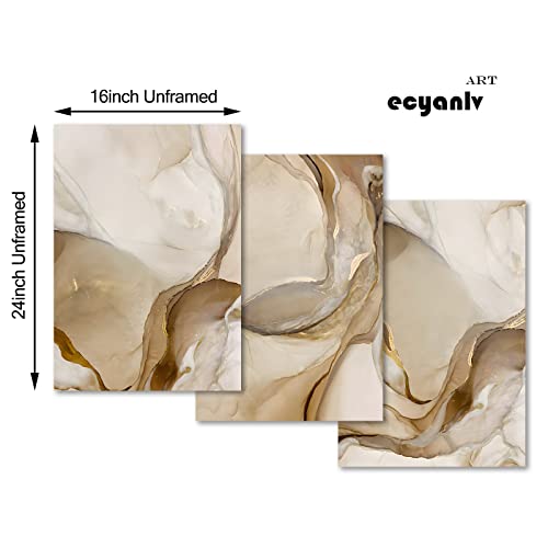 Ecyanlv فن الجدران الحديث من قماش الرخام المجرد باللونين البني والذهبي 16x24inchX3 بدون إطار - Image 4