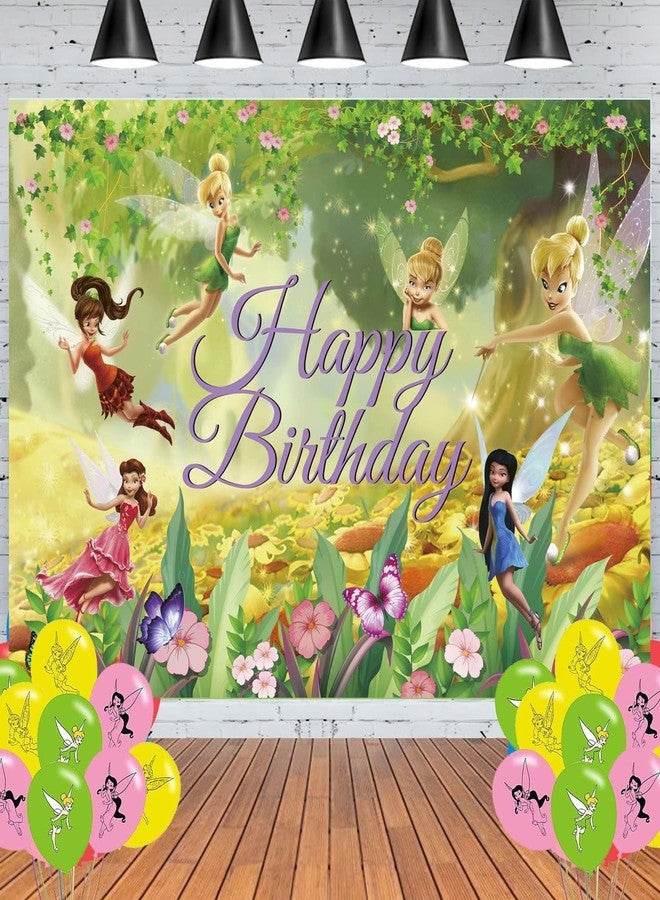 karg Tinker_Bell Birthday Party Banner Backdrop, Fairy Flower Decorations for Kid Party Supplies Happy Birthday Banner Princess Fairy Teme Decorations Photography Background - Image 1