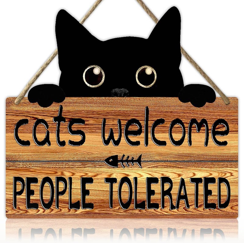 Ykfss Funny Cat Signs Black Cat Welcome Sign Cat Home Decor Gifts For Cat Lovers Cat Gift For Women Cat Wall Art Halloween Black Cat Wooden Hanging Decor Door Sign Cats Welcome People Tolerated Sign - Image 1
