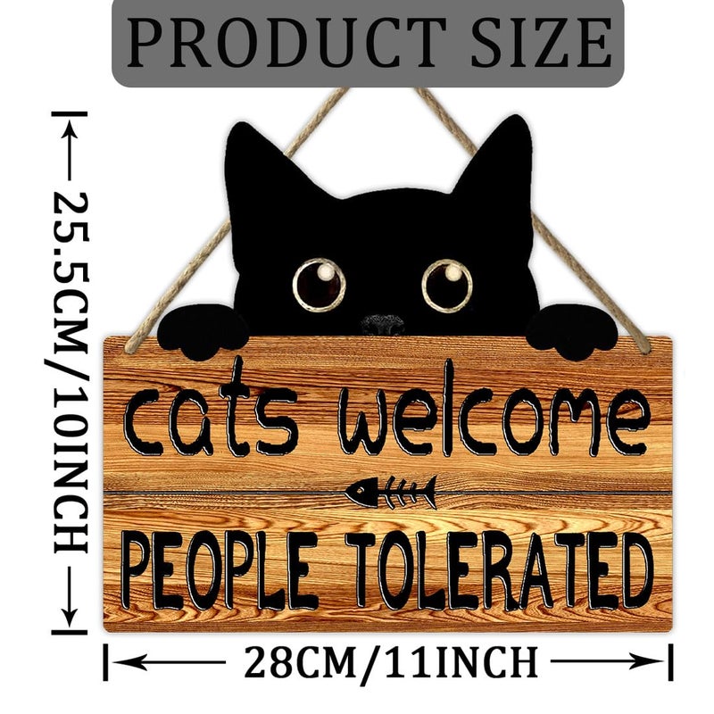 Ykfss Funny Cat Signs Black Cat Welcome Sign Cat Home Decor Gifts For Cat Lovers Cat Gift For Women Cat Wall Art Halloween Black Cat Wooden Hanging Decor Door Sign Cats Welcome People Tolerated Sign - Image 3