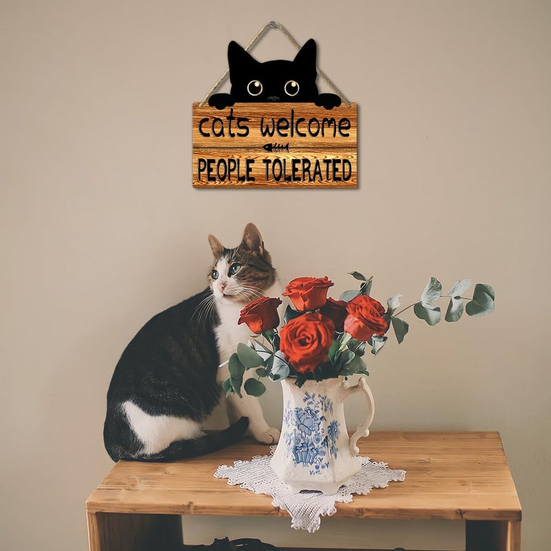 Ykfss Funny Cat Signs Black Cat Welcome Sign Cat Home Decor Gifts For Cat Lovers Cat Gift For Women Cat Wall Art Halloween Black Cat Wooden Hanging Decor Door Sign Cats Welcome People Tolerated Sign - Image 5