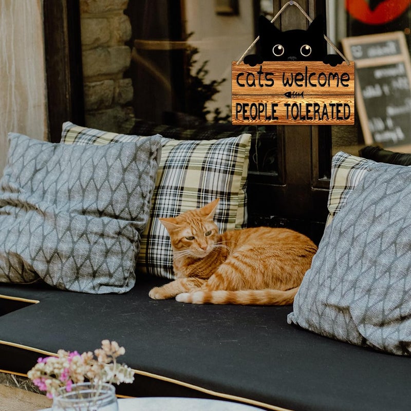Ykfss Funny Cat Signs Black Cat Welcome Sign Cat Home Decor Gifts For Cat Lovers Cat Gift For Women Cat Wall Art Halloween Black Cat Wooden Hanging Decor Door Sign Cats Welcome People Tolerated Sign - Image 4