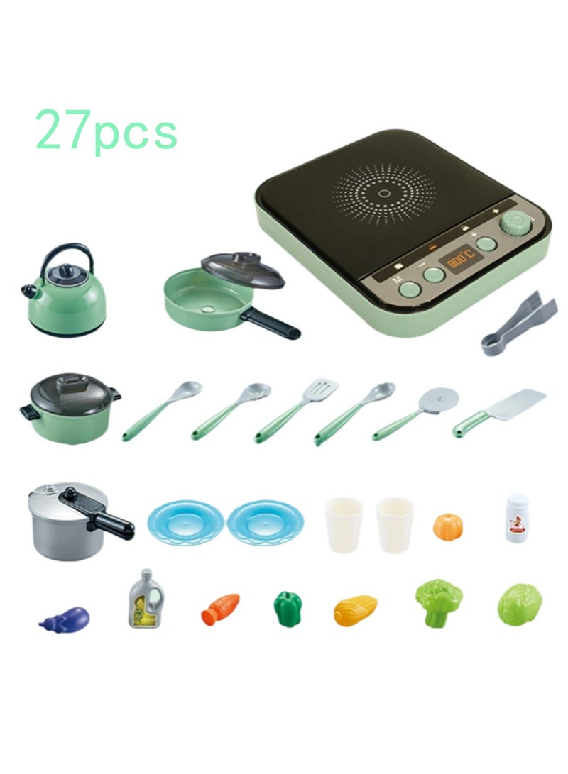 Green Induction Cooker 27 Pieces Children'S Play House Simulation Sound And Light Spray Mini Kitchen Cooking Toys Boys And Girls Frying Cooking Educational Toys - Image 1