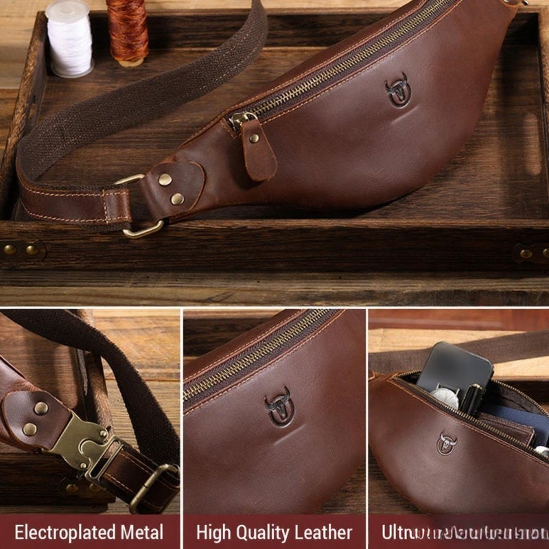 BULLCAPTAIN Genuine Leather Waist Pack Vintage Fanny Pack Men Cowhide Crossbody Belt Bag Shoulder Bag - Image 4