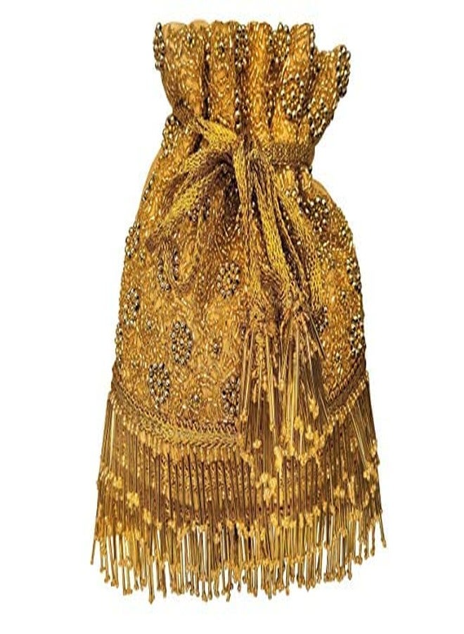 DUCHESS Golden Pearl Embellished Beaded Tassel Potli Bag For Weddings (Golden) - Image 1