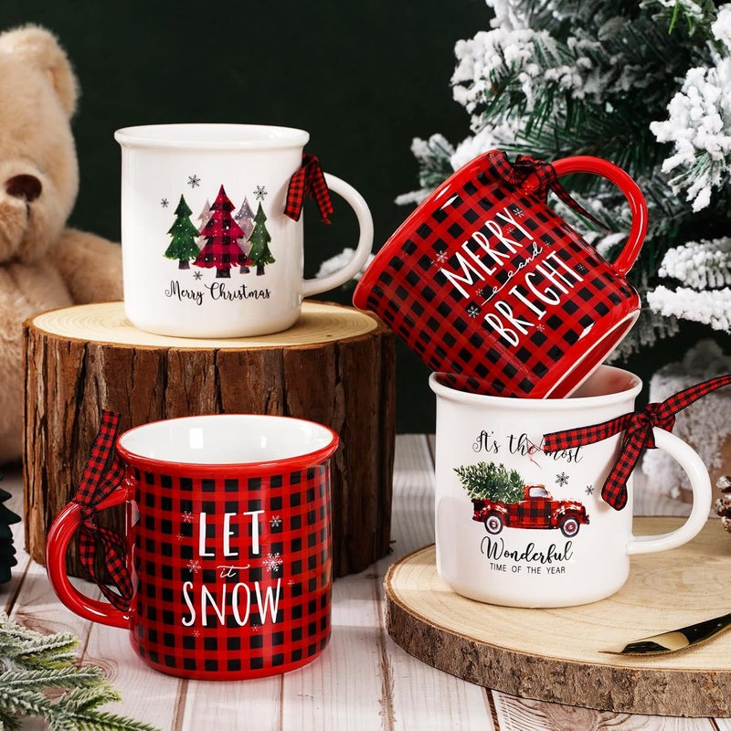 Whaline 4Pcs Christmas Mini Mugs with Plaid Ribbon Red Black Plaid Xmas Tree Truck Snowflake Mini Coffee Mug Merry Christmas Party Cups for Table Centerpieces Tiered Tray Decor Gifts - Image 3