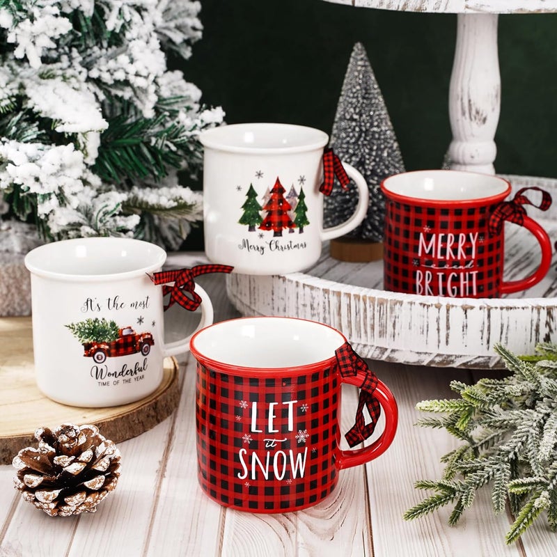 Whaline 4Pcs Christmas Mini Mugs with Plaid Ribbon Red Black Plaid Xmas Tree Truck Snowflake Mini Coffee Mug Merry Christmas Party Cups for Table Centerpieces Tiered Tray Decor Gifts - Image 4