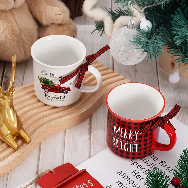 Whaline 4Pcs Christmas Mini Mugs with Plaid Ribbon Red Black Plaid Xmas Tree Truck Snowflake Mini Coffee Mug Merry Christmas Party Cups for Table Centerpieces Tiered Tray Decor Gifts - Image 5