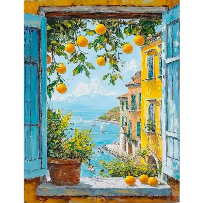 لوحة يونرويلي للرسم بالأرقام - شجرة ليمون للكبار - لوحة رسم بالأرقام للكبار، منظر نافذة - لوحة رسم بالأرقام للكبار - قماش كهدية - ديكور حائط منزلي (16 × 20 بوصة) - Image 1