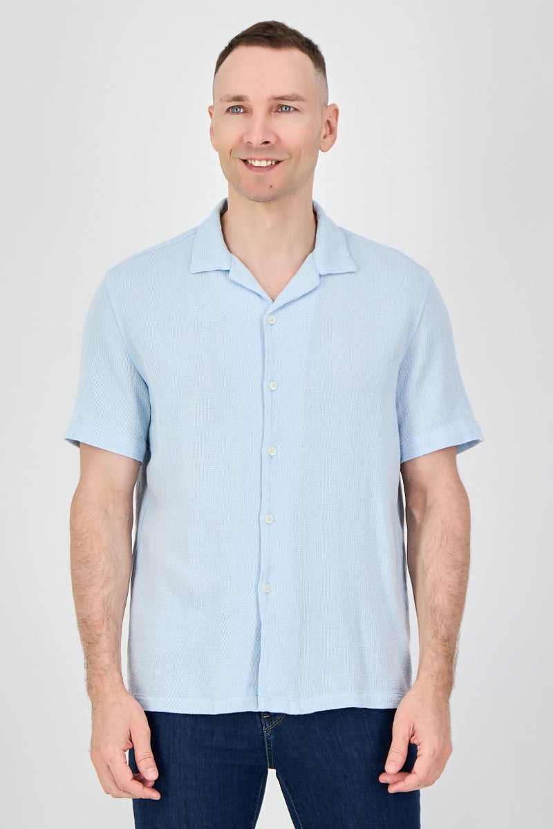 Celio Men Regular Fit Textured Short Sleeve Casual Shirt, Light Blue - Image 1