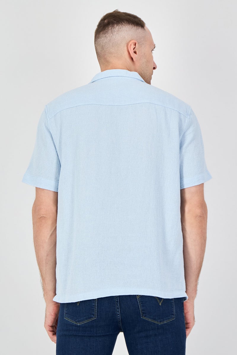 Celio Men Regular Fit Textured Short Sleeve Casual Shirt, Light Blue - Image 3
