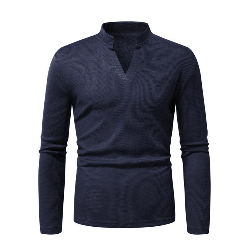 Men'S T-Shirt European Size Retro Solid Color Henley Collar Men'S Long Sleeve T-Shirt Top - Image 1