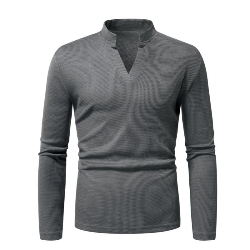 Men'S T-Shirt European Size Retro Solid Color Henley Collar Men'S Long Sleeve T-Shirt Top - Image 4