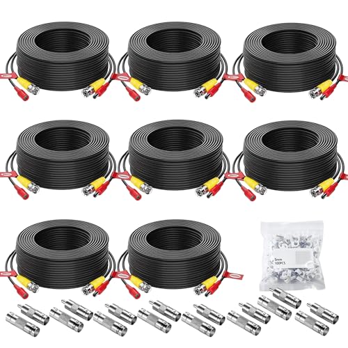 Aiwixen 8 Pack 50ft/15M Video Power Cable, BNC Extension Security Camera Cable Wire for CCTV Surveillance DVR System, Included 16 x BNC Connectors and 100pcs Cable Clips - Image 1