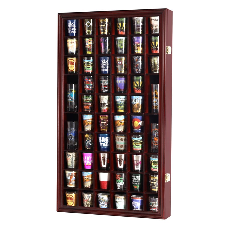 DisplayGifts Shot Glass Shooter Display Case Holder Cabinet Wall Rack Hinged Glass Door 56 Slot Cherry Finish 2975 H X 166 W