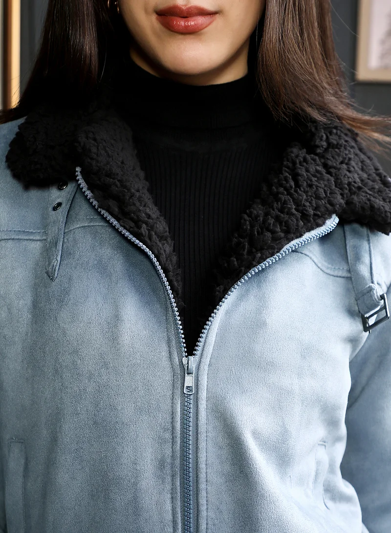 Pinacolada  Women's Powder Blue Contrast Sherpa-Lined Suede Bomber Jacket for Women | Best Price UAE