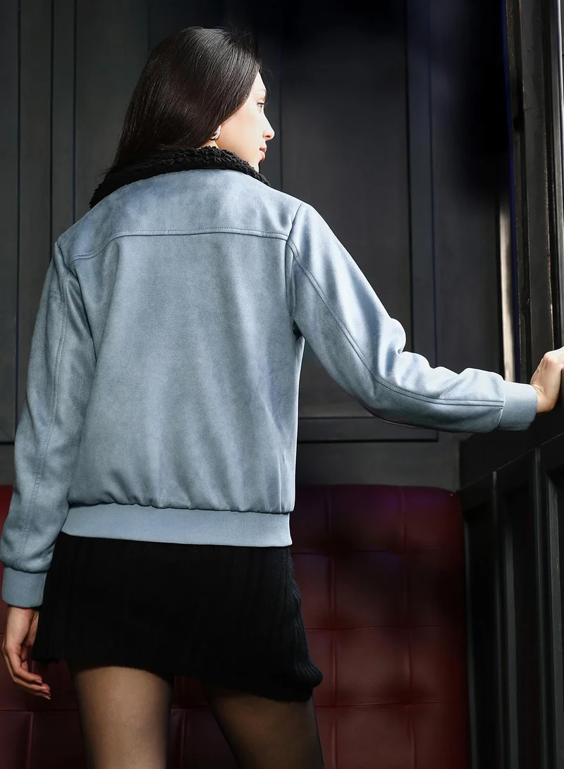 Pinacolada  Women's Powder Blue Contrast Sherpa-Lined Suede Bomber Jacket for Women | Best Price UAE