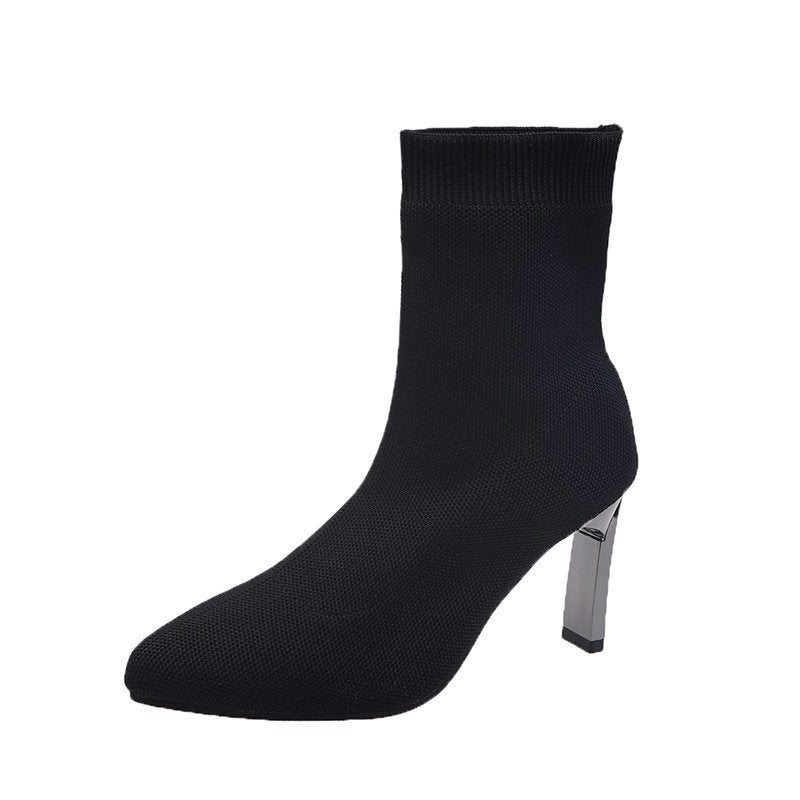 Pointed Toe Sock Boots Women's Thick Heel 2025 Autumn and Winter New High Heels Elastic Boots Flat Heel Woolen Boots Large Size Sexy Boots - Image 5