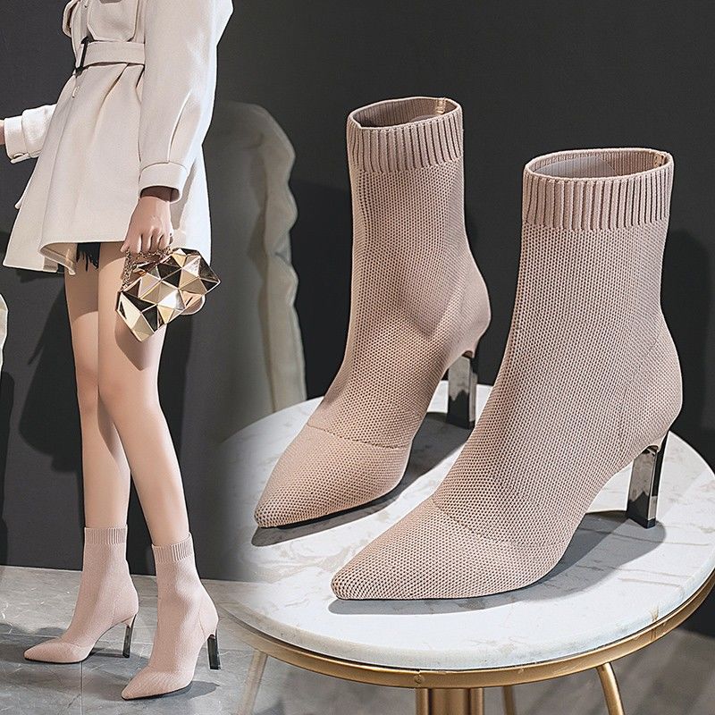 Pointed Toe Sock Boots Women's Thick Heel 2025 Autumn and Winter New High Heels Elastic Boots Flat Heel Woolen Boots Large Size Sexy Boots - Image 2