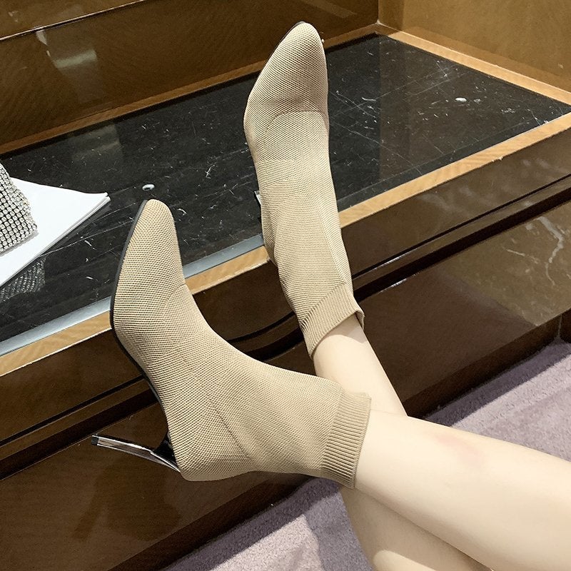 Pointed Toe Sock Boots Women's Thick Heel 2025 Autumn and Winter New High Heels Elastic Boots Flat Heel Woolen Boots Large Size Sexy Boots - Image 1