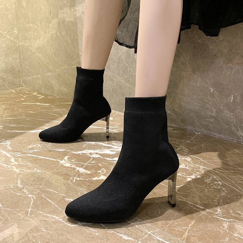 Pointed Toe Sock Boots Women's Thick Heel 2025 Autumn and Winter New High Heels Elastic Boots Flat Heel Woolen Boots Large Size Sexy Boots - Image 4