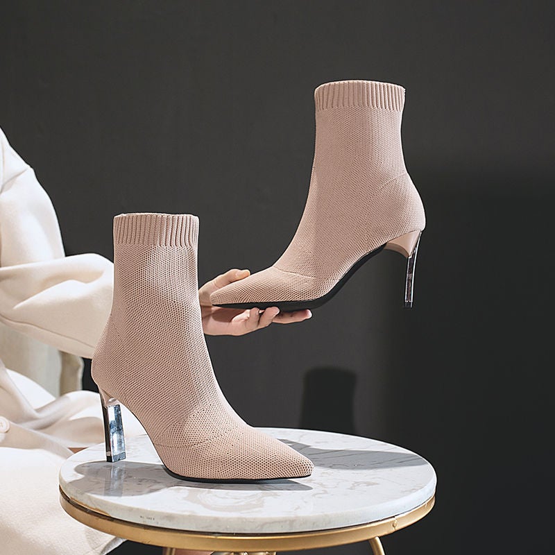 Pointed Toe Sock Boots Women's Thick Heel 2025 Autumn and Winter New High Heels Elastic Boots Flat Heel Woolen Boots Large Size Sexy Boots - Image 3