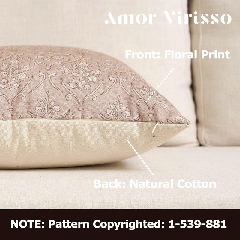 Amor Virisso Floral Pillow Covers 20x20 Inch Farmhouse Block Print Pillow Cover Accent Square Neutral Modern Decorative Throw Pillow Covers for Living Room Couch Bed Sofa Chair, Light Camel - Image 2