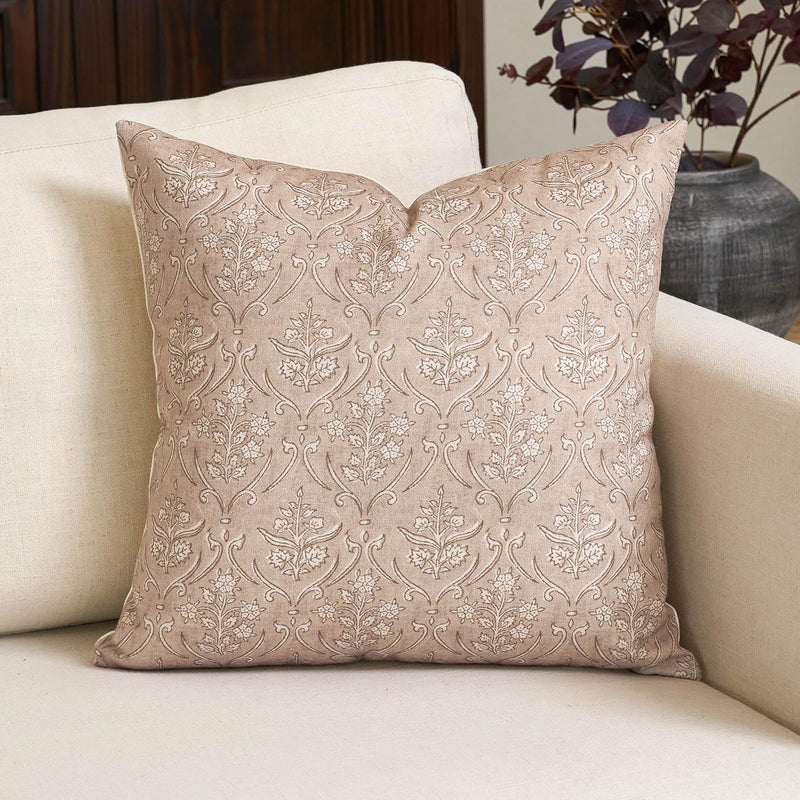 Amor Virisso Floral Pillow Covers 20x20 Inch Farmhouse Block Print Pillow Cover Accent Square Neutral Modern Decorative Throw Pillow Covers for Living Room Couch Bed Sofa Chair, Light Camel - Image 1