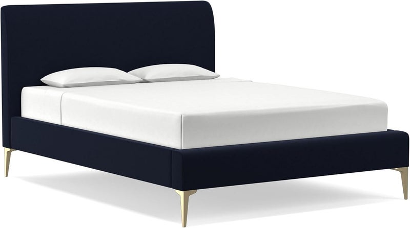 Modern Upholstered Queen Bed Frame with Gold Legs, Navy Blue, 160x200 cm