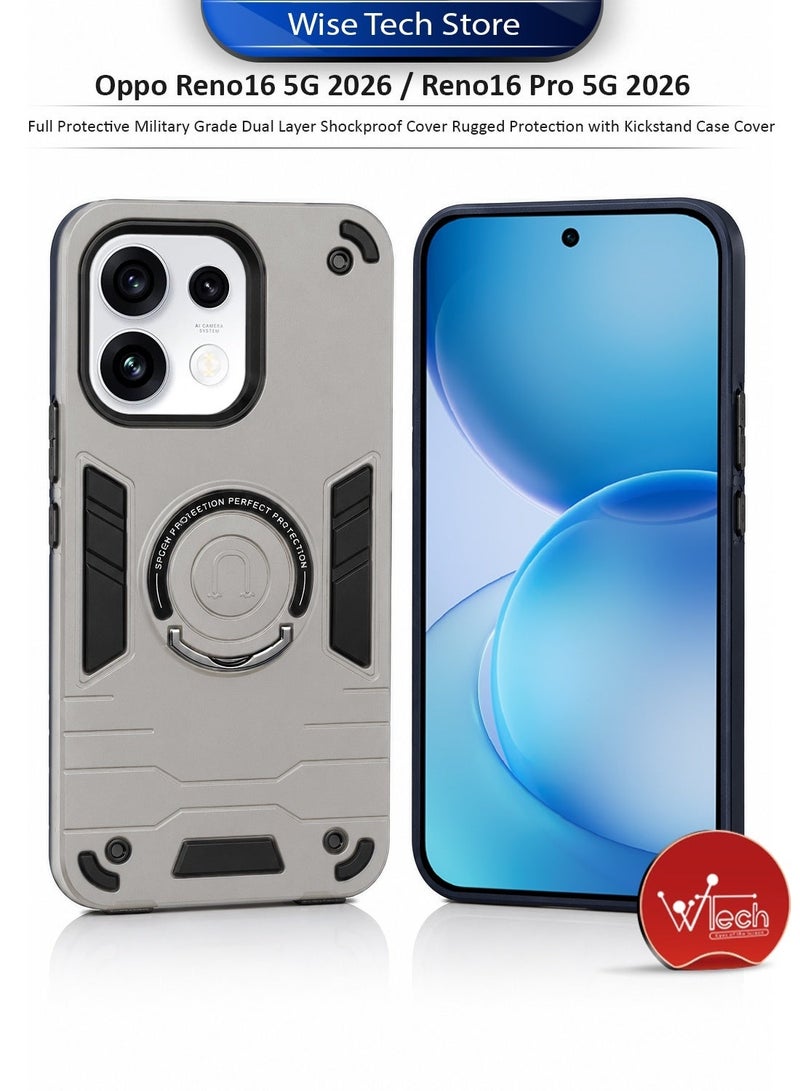 Wtech Oppo Reno16 5G 2026 / Reno16 Pro 5G 2026 Full Protective Military Grade Dual Layer Shockproof Cover Rugged Protection with Kickstand Case Cover - Grey/Black - Image 1