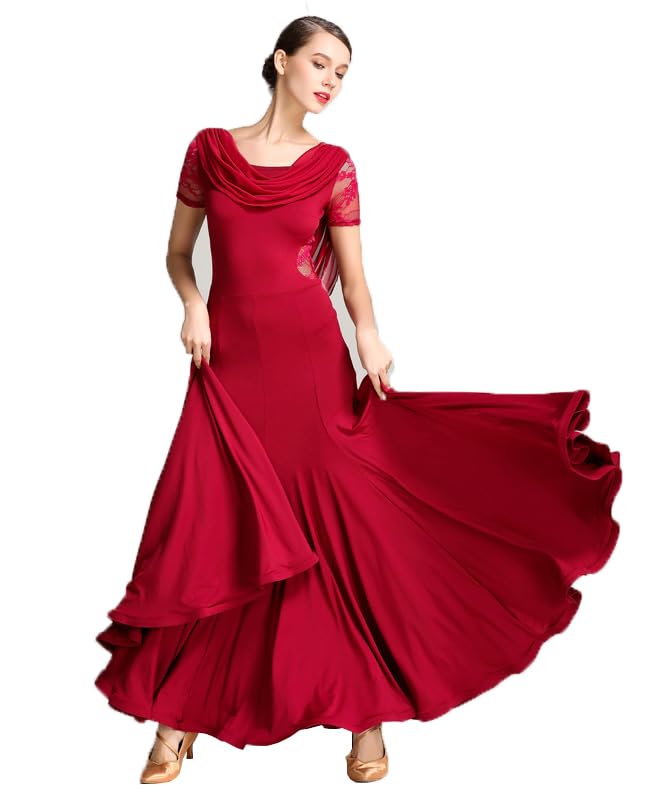 ORIDOOR Exquisite lace Ballroom Dance Waltz Tango Standard Competition Dance Dress 02Wine red Large